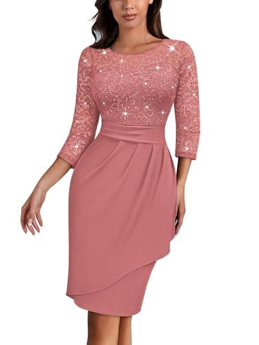 Image of MIUSOL Women's Vintage Sequin Floral Lace Round Neck Wrap Hem Prom Business Party Cocktail Formal Wrap Pencil Dress (Meidum, Dusty Pink)