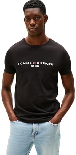 Image of Tommy Hilfiger Men’s Short Sleeve Round Neck Core Tommy Logo T-Shirt, Black (Jet Black), L