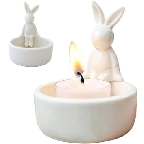 Image of Tealight Candle Holder, Funny Warming Rabbit Candle Holder, Ceramic Tealight Candle Holders for Living Room, Candles Holder Gifts for Rabbit Lover