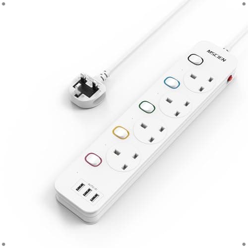 Image of Mscien Extension Lead 1M with USB Slots 4 Way Wall Mounted, 1M Extension Lead Switched with Multiple Protection, Fused Power Strip 4 Sockets White, 13A/3250W
