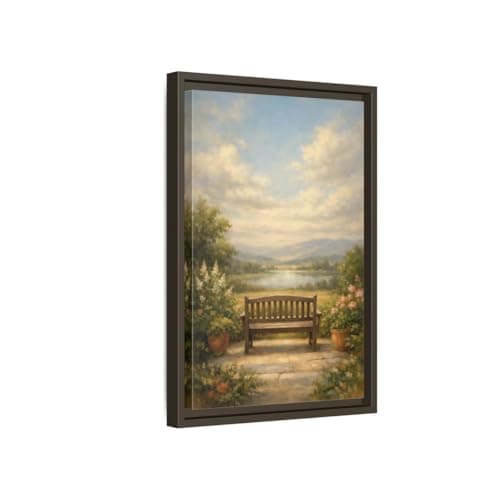 Image of Nature Wooden Bench Pastel - Framed Canvas Wall Art Print 12×18 inch (30×45 cm) - Vertical/Espresso / 1.25 inch (3 cm)