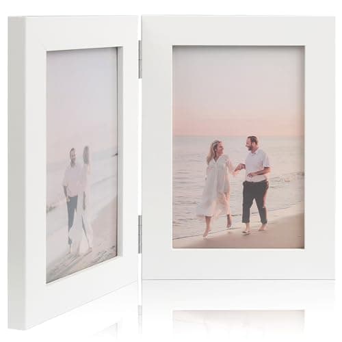 Image of Double Photo Frame 6x4, Foldable Wooden Photo Frame with with Folding Hinges, Stand Vertical Baby Scan Photo Frames, Double Picture Frames for Family, Wedding, Baby Shower Party (White)