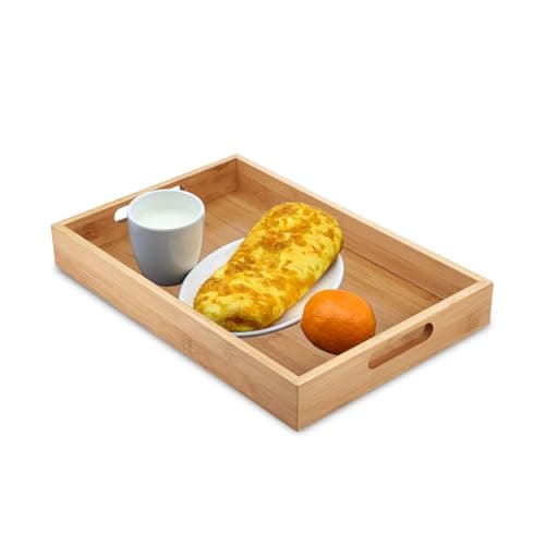 Image of Wooden Tray Bamboo Trays with Handles, Rectangular Bamboo Food Trays for Eating Breakfast Dinner,Food Dinner Breakfast Tray for Eating, Wooden Serving Board for Tea Coffee Snack (38 x 25 x 5cm)