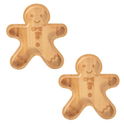 Image of YöL Pack of 2 Kids Bamboo Christmas Dinner Plate - Festive Gingerbread Wooden Serving Tray for Children Baby Toddler - Eco-Friendly Dinnerware - 17cm x 20cm