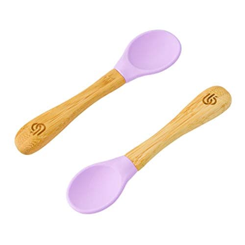 Image of bamboo bamboo ® Baby Weaning Spoons Set of 2 | Bamboo with Soft Silicone Tips | Ergonomic Easy Grip Handles | BPA-Free (Set of 2, Lilac)
