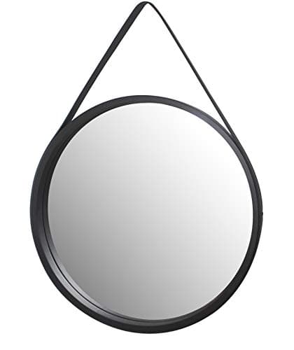Image of Aspect Leather Strap Wooden Wall Mirror/Round Hanging Mirror/Decorative Vanity Mirror (Black, 50 dia cm) M31BK