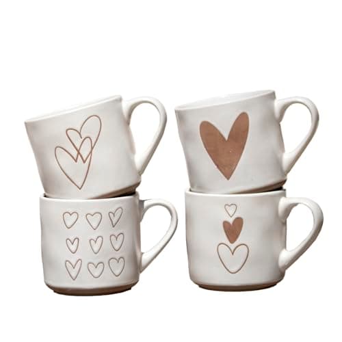 Image of Darthome Set of 4 Speckle Love Heart Mugs 350ml Ceramic Off White Patterned Neutral Coffee Cups