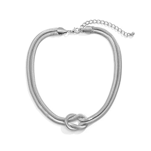 Image of Inateannal Punk Double Layer Snake Chain Choker Necklace Silver Knot Herringbone Chain Necklace Hip Hop Chunky Necklaces for Women