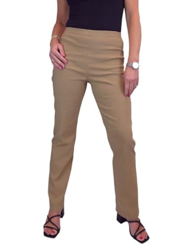 Image of Paulo Due Women's Elasticated Waist Trousers Pull On High Waist Straight Leg Trousers Evening Day Office Work Camel Beige 8-22 (12)