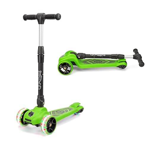 Image of Xootz Scout Tri-Scooter, LED 3-Wheeled Light Up Scooter for Toddlers, Adjustable Bar Height and Foldable Scooter, for Kids, Girls and Boys, ages 3+, Green