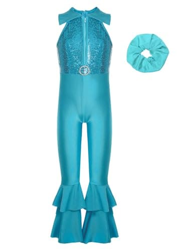 Image of Freebily Kids Girls Shiny Metallic Sequin Bodysuit Jumpsuit with Headwear Jazz Dance Disco Costume Blue 5-6 Years