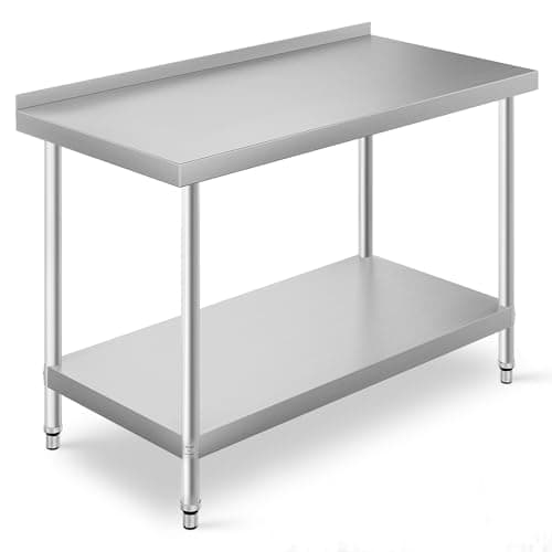 Image of DKIEI Stainless Steel Kitchen Catering Table, 120 x 60 x 80cm Heavy Duty Food Prep Workbench with Double Shelf & 3.5CM Worktop Backsplash, Commercial Food Preparation Work Tables for Restaurant Home