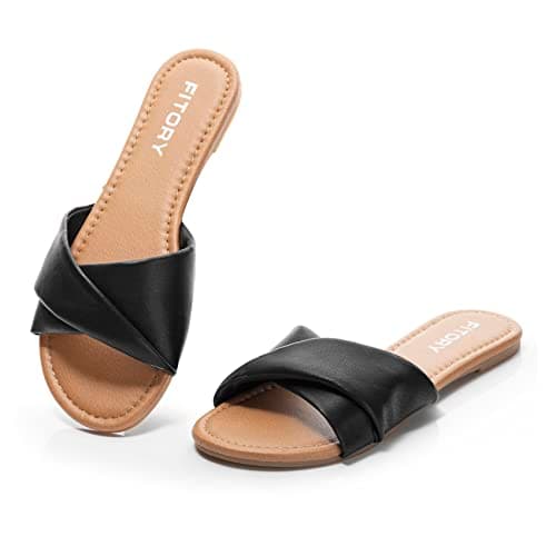 Image of FITORY Women's Flat Sandals with Comfy Leather, Casual Slip On Slides Ladies Beach Shoes for Summer Pure Black Size 7