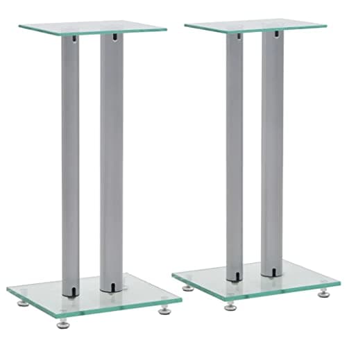 Image of vidaXL Speaker Stands 2 Pcs, Silver, Tempered Glass + Aluminum, Home Speaker Stands, Floor Speaker Stand, 24" H, Part No: 50674