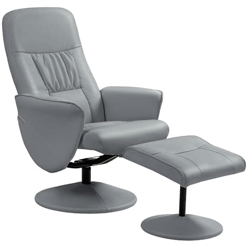 Image of HOMCOM Swivel Recliner Chair with Footstool, PU Leather Armchair and Ottoman with High Back and Round Base for Living Room, Light Grey