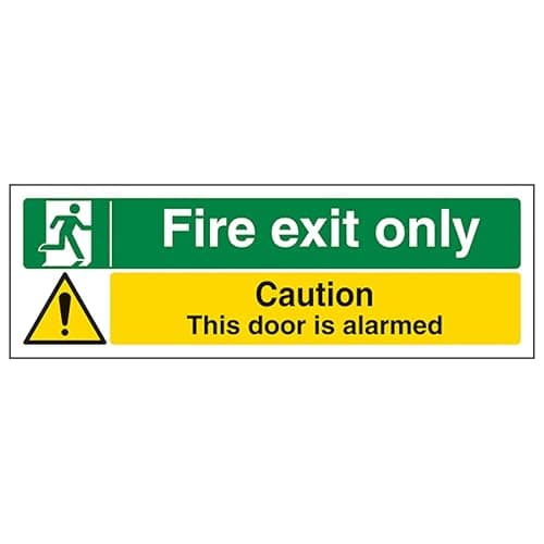 Image of V Safety Fire Exit Only/Door Alarmed 300 x 100 mm - Self Adhesive Vinyl - Aluminium Effect Safety Sign