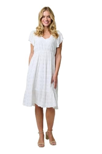 Image of Izabel London Embellished Relaxed Midi Dress for Women UK with a v-Neck, Cap Sleeves and an Empire Waist. White