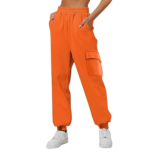 Image of Womens Cargo Jogger Sweatpants High Waisted Sporty Casual Plain Tracksuit Jogging Bottoms Loose Straight Leg Lounge Closed Bottom Athletic Track Pants Pull On Comfy Activewear Trousers Orange