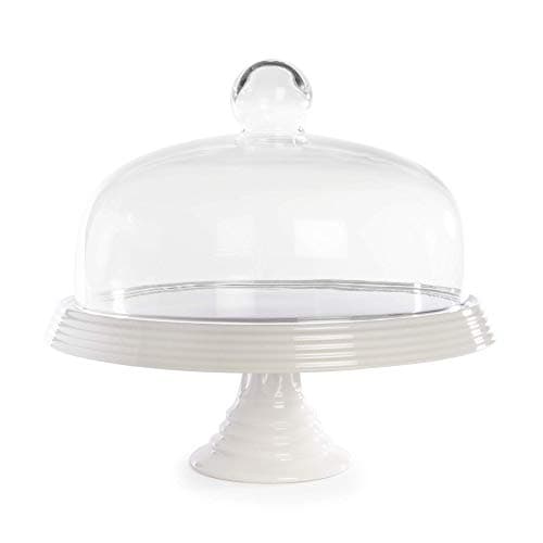 Image of Ceramic Cake Stand with Glass Dome Lid – Cake Display Platter for Parties, Weddings | Elegant Dessert Stand with Cover for Table or Countertop | M&W