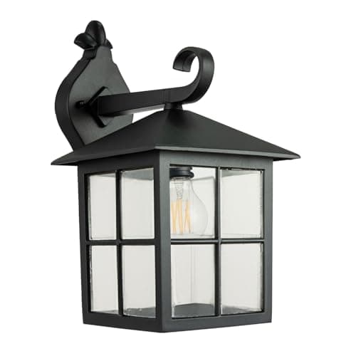 Image of Happy Homewares Classic Matte Black Die-Cast Aluminium Metal Exterior Lantern Wall Lighting Fitting IP44 Rated | 1 x 11w E27 | 34cm Height