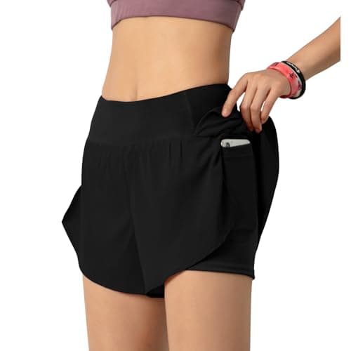 Image of Lancry 2 in 1 Running Shorts Womens,Quick Dry Womens Running Shorts with Phone Pocket,Ladies Workout Athletic Training Jogging Gym Yoga Shorts with Liner for Women (S, Black)