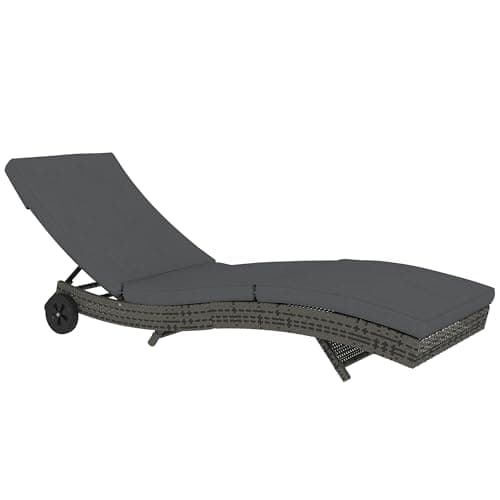 Image of Outsunny Outdoor PE Rattan Sun Lounger, Wicker Garden Lounger with Cushion, 5-Level Adjustable Backrest, Rolling Sunbed with Wheels for Patio Beach, Dark Grey