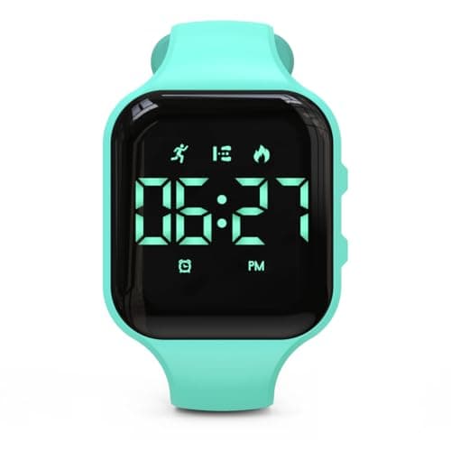 Image of Focwony Non-bluetooth Led Fitness tracker watch,Digital Pedometer watch,with Step Counting/Distance/Calories/Stopwatch/Alarm Clock, Great Gift for Kids Teens Girls Boys Xmas (Square-1Green)
