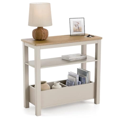 Image of CHRISTOW Slim Console Table with Oak-Effect Top, Middle Shelf & 2 Storage Compartments, Side Table for Sofa, Living Room, Hallway & Small Spaces, Sturdy MDF, Pebble Finish, H60cm x W65cm x D28cm