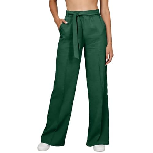 Image of Generisch Summer Trousers Women's Long Large Size Casual Loose Fabric Trousers Wide Legs Palazzo Trousers with Tie Belt and Pockets Plain Casual Trousers for Everyday and Holiday Elegant Beach