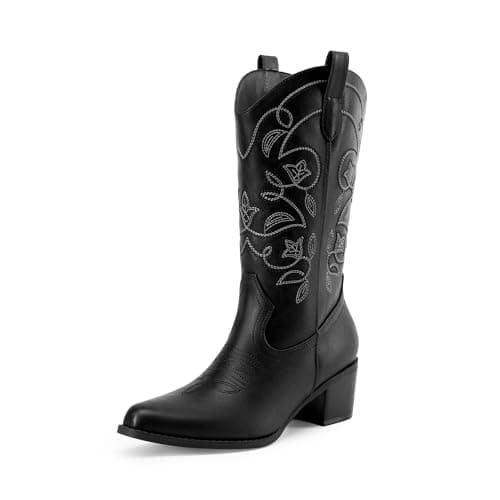 Image of DREAM PAIRS Cowboy Boots for Women Cowgirl Western Boots Fashion Embroidery Stitched Chunky Heel Mid Calf Boots,Size 5.5,Black-Pu,DWUMMB2504