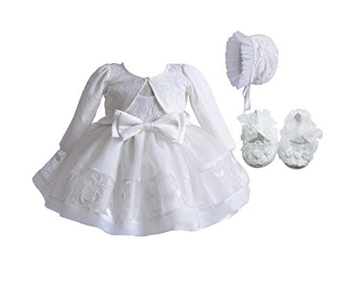 Image of Cinda Baby Girls Ivory Lace Christening Party Dress Bonnet with Bolero and Shoes 9-12 Months
