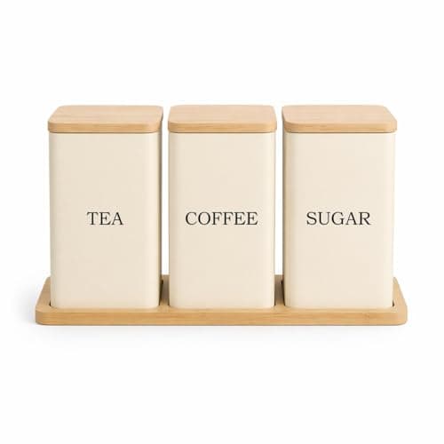 Image of EHC Tea, Coffee, Sugar, Canister Set, Storage Canister Set with Tray - Easy to Open Airtight Lids - Storage Tea, Sugar, & Coffee - Set of 3 Canisters, Cream