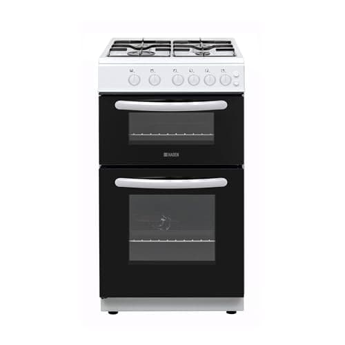 Image of Haden 50cm Twin Cavity Gas Cooker, 4-Burner Hob, Double Oven with Integrated Grill, Push Button Ignition, White