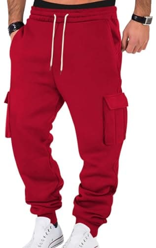 Image of WINKEEY Mens Trousers Elastic Waist Drawstring Multiple Pockets Sweat Pants Men Loose Plain Stretch Casual Trousers Joggers for Men UK,Red L
