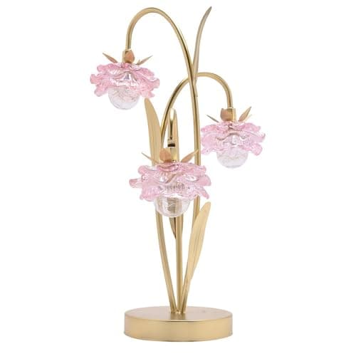 Image of Britalia Gold Metal Pink Glass Flower Shade Triple Stem Table Lamp LED Battery Powered 35.5cm Height
