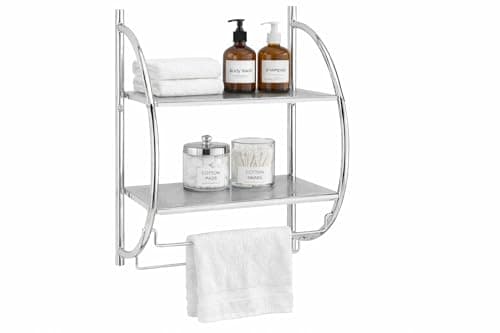 Image of raxter 2 Tier Chrome Wall Mounted Bathroom Shelf with Double Towel Holder Rail, Modern Curved Storage Rack, W44 x D25 x H54.5cm