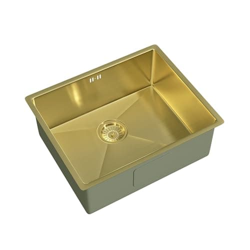 Image of Flode 540x440mm Undermount Kitchen Sink & Waste Kit – Brushed Brass Stainless Steel Single Bowl Square 205mm Deep 90mm Waste Included