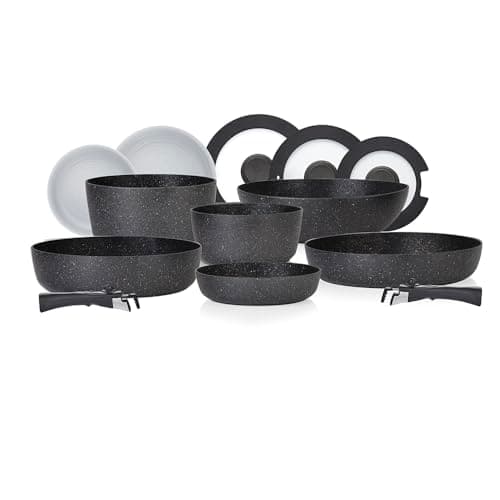Image of Tower Freedom 13pc Detachable Handles Cookware Set with Precision Black Diamond Coating, Induction Compatible, Stackable Design, Black