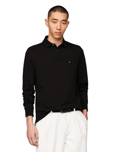 Image of Tommy Hilfiger Men's Long Sleeve Polo Shirts in Regular Fit with Stretch and Organic Pique Cotton, Black, XL