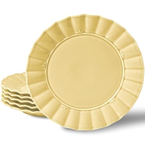 Image of HOMBENE Dinner Dinner Plates 10.5 Inches Set for 6, Ceramic Plates, Salad Serving Plates, Wavy Style, Microwave & Dishwasher Safe Plates for Cake Waffles Snacks (Lemon Yellow)
