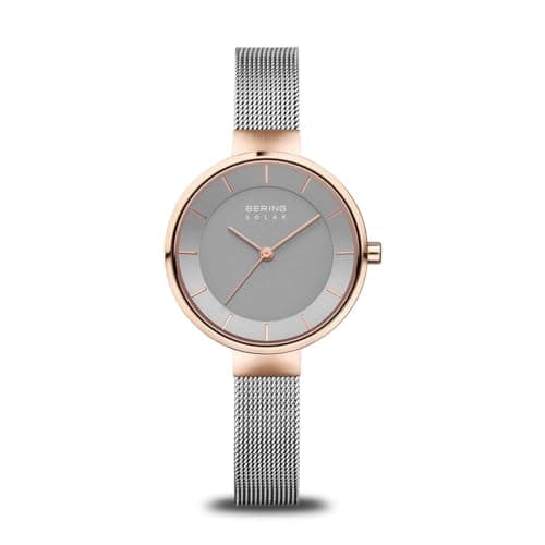 Image of BERING Women Analog Solar Collection Watch with stainless steel Strap and Sapphire Crystal 14631-369, Grey/Rose Gold, 31