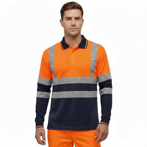 Image of DURUS WORKWEAR High Visibility Long Sleeve Reflective T-Shirt Plain & Two-Tone Polo Work Top Orange/Navy
