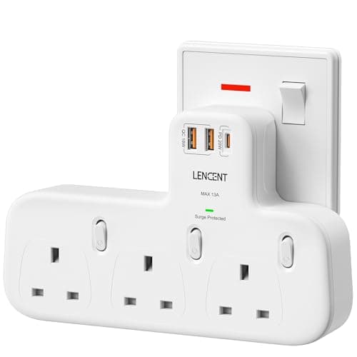Image of LENCENT 3 Way Plug Extension with PD 20W USB-C & 2 USB-A QC 3.0, Multi Plug Adaptor UK with Individual Switches, Surge Protected Plug Extender Wall Socket for Home, Kitchen, Office, 13A 3250W