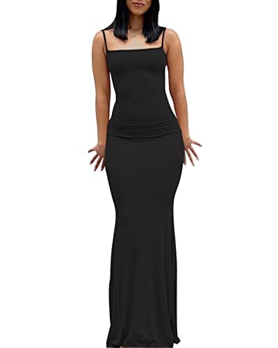 Image of Felcia Women Spaghetti Strap Sleeveless Long Dress Solid Color Bodycon Fish Tail Dress Party Evening Maxi Dress (Black, M)