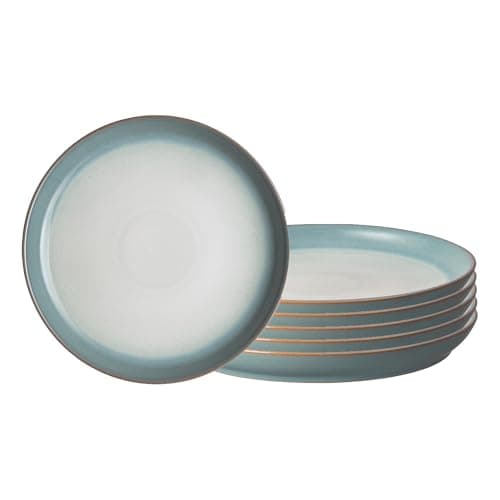 Image of Denby - Azure Haze Coupe Dinner Plates Set of 6-10.25 Inch - Dishwasher Microwave Oven Safe - Reactive Blue Teal Glaze Large Ceramic Stoneware Plates - Scratch Chip Resistant