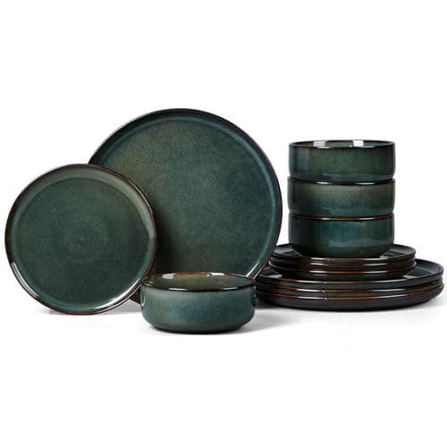 Image of Onader 12 Piece Dinner Set, Reactive Glaze Stoneware Dinnerware for 4 People, Elegant Plates and Bowls Sets for Kitchen Christmas, Scratch Resistant, Microwave & Dishwasher Safe - Forest Green