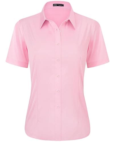 Image of J.VER Pink Shirt Womens Short Sleeve Summer Fitted Stretch Business Casual Button Down Shirt Formal Dress Work Ladies Tops Blouses L