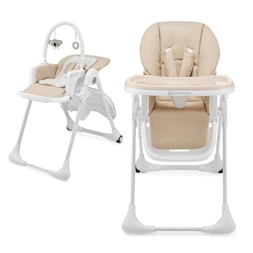 Image of Kinderkraft Tummie 2-in-1 High Chair & Bouncer, from Birth, Fold-Flat, 7 Height, 4 Recline, Newborn Insert, 3-Position Tray, 5-Point Harness, Lockable Wheels, Toy Bar, Beige