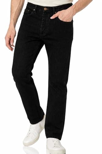 Image of Mens Straight Leg Denim Jeans, Comfortable Hard Wearing Jean, Stylish & Classic Plain Fashion Trousers for Men Regular Fit Cotton Denim Pants, Black-32W / 27L