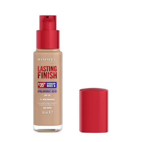 Image of Rimmel Lasting Finish 35Hr Foundation 100 Ivory, Full Coverage, Hydrating, SPF20, Hyaluronic Acid, Vitamin E, 2% Niacinamide, All Day Wear, Vegan, Cruelty Free
